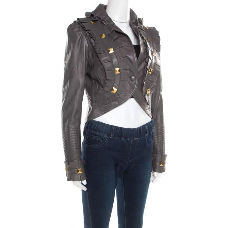 Pre Owned Temperley Grey Leather Ruffle Trim Rock Stud Embellished Cropped Jacket M