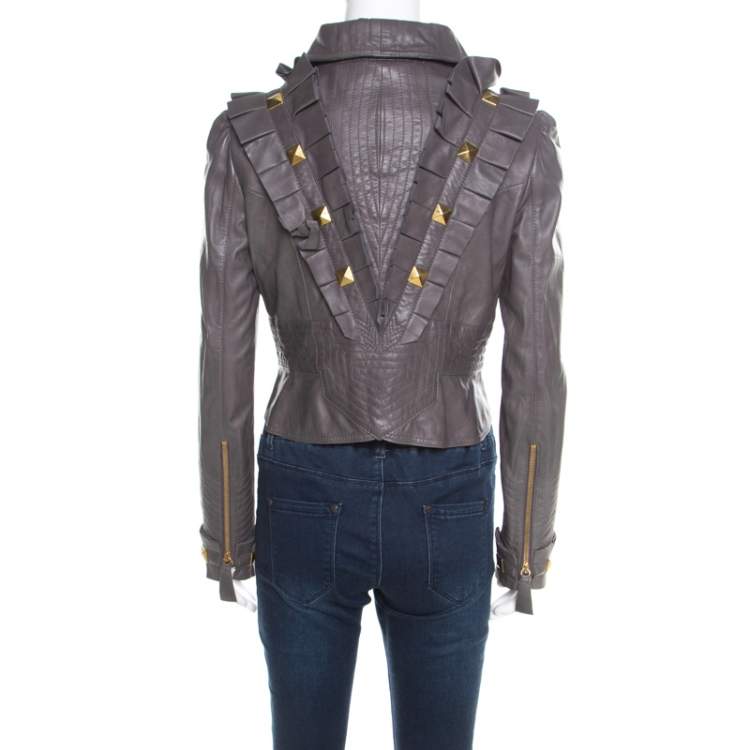 Pre Owned Temperley Grey Leather Ruffle Trim Rock Stud Embellished Cropped Jacket M