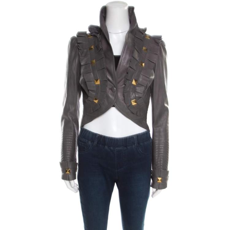 Pre Owned Temperley Grey Leather Ruffle Trim Rock Stud Embellished Cropped Jacket M