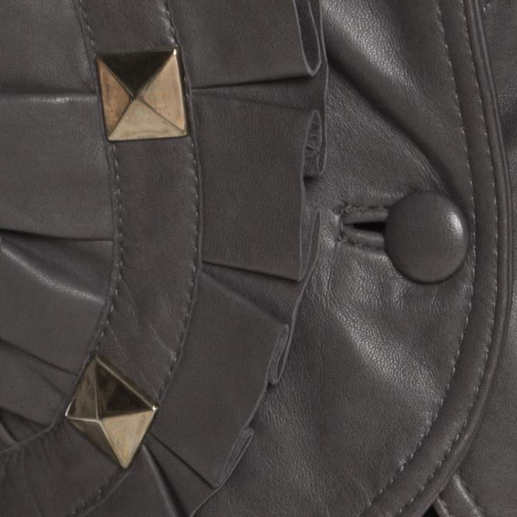 Pre Owned Temperley Grey Leather Ruffle Trim Rock Stud Embellished Cropped Jacket M
