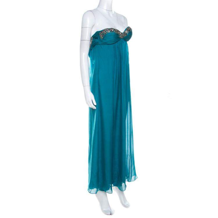 Pre Owned Temperley London Teal Blue Silk Chiffon Strapless Embellished Gown S