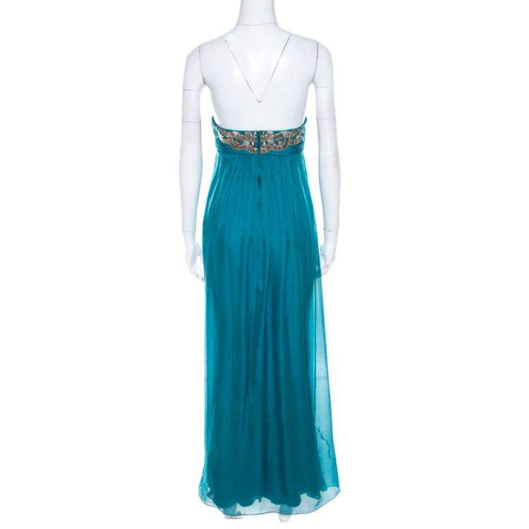 Pre Owned Temperley London Teal Blue Silk Chiffon Strapless Embellished Gown S