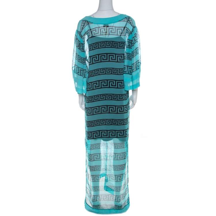 Pre Owned Temperley London Aqua Green Sheer Printed Silk Caesar Maxi Kaftan L