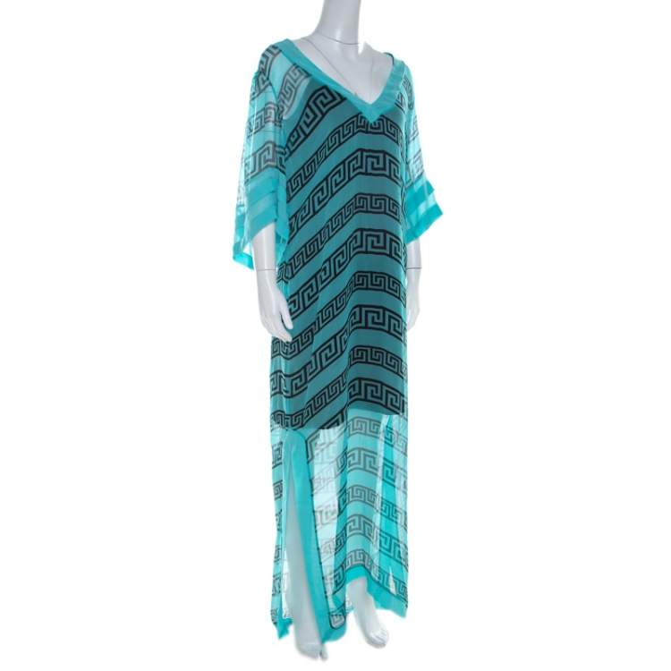 Pre Owned Temperley London Aqua Green Sheer Printed Silk Caesar Maxi Kaftan L
