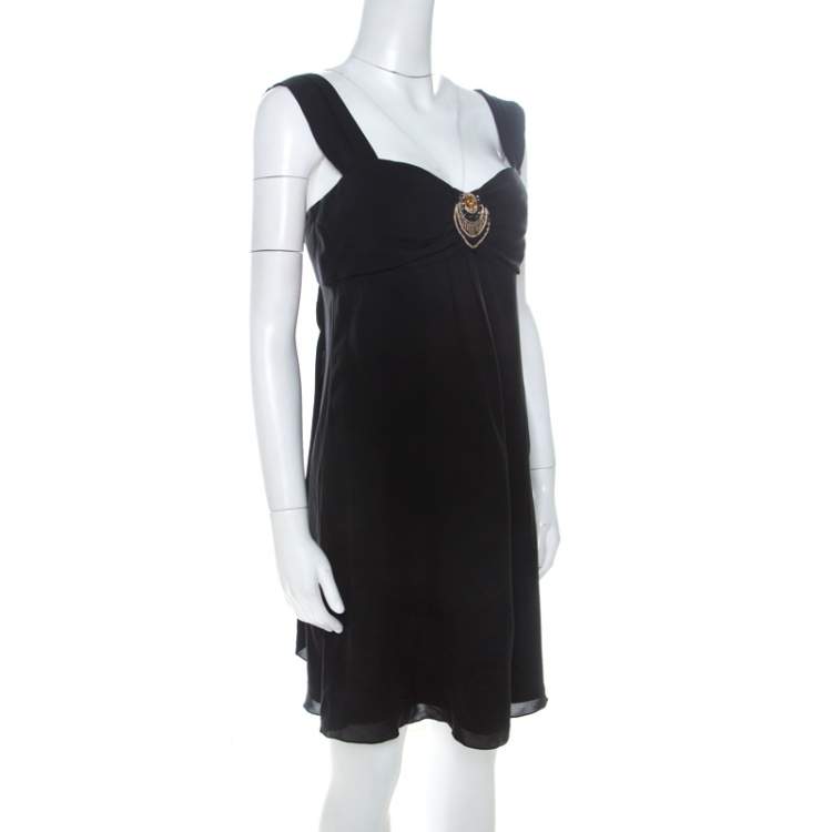 Pre Owned Temperley Black Silk Embellished Detail Gathered Bodice Babydoll Dress M 