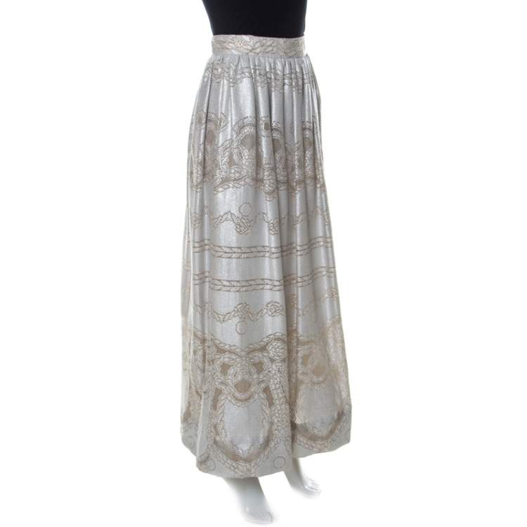 Pre Owned Temperley London Silver Metallic Silk Blend Pearl Maxi Skirt S
