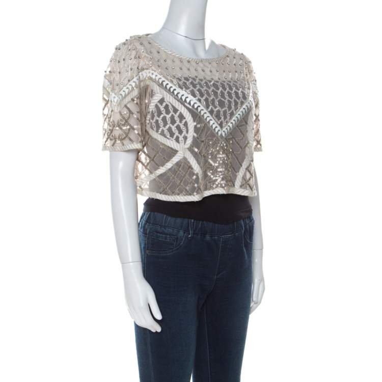 Pre Owned Temperley London Cream Embellished Sand Tulle Crop Top L