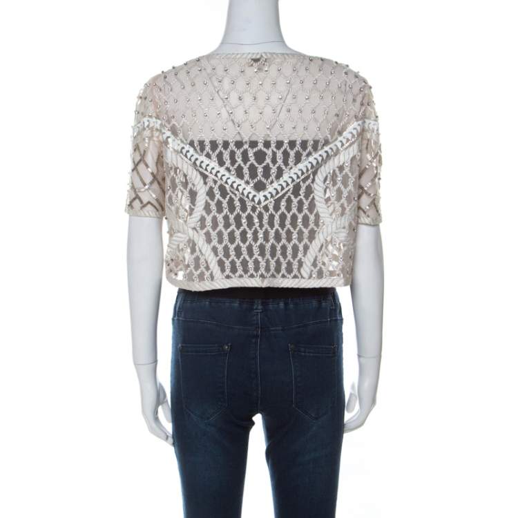 Pre Owned Temperley London Cream Embellished Sand Tulle Crop Top L