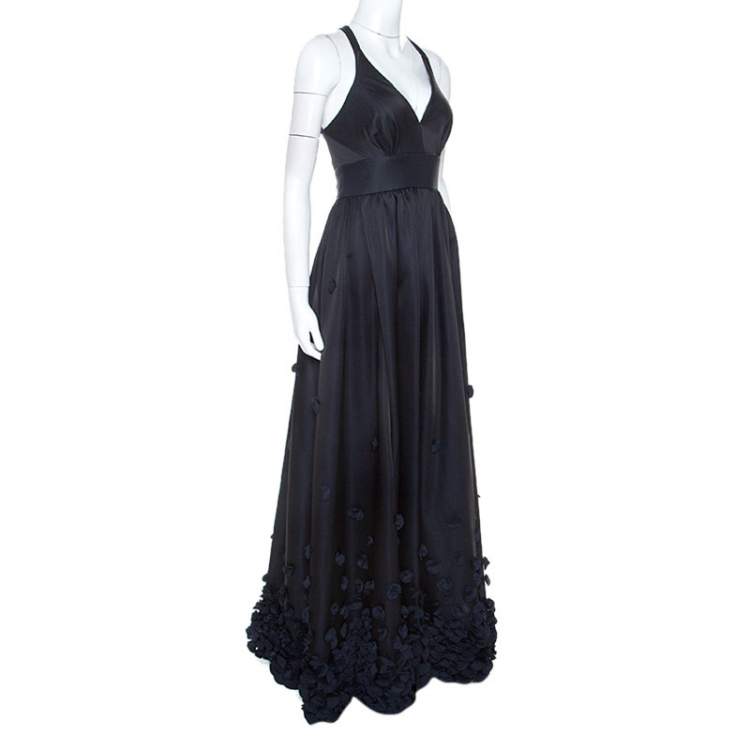 Pre Owned Temperley Black & Navy Blue Satin Floral Applique Detail Gown S
