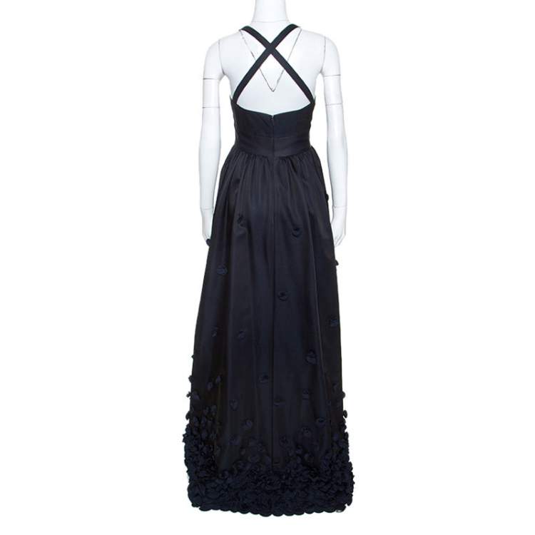 Pre Owned Temperley Black & Navy Blue Satin Floral Applique Detail Gown S