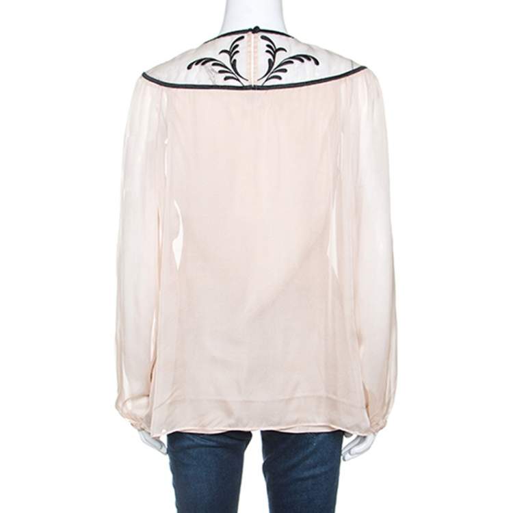 Pre Owned Temperley Pale Pink Chiffon Contrast Embroidery Detail Blouse L