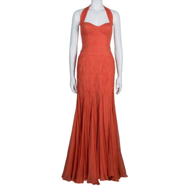 Pre Owned Temperley London Orange Crinkle Chiffon Evening Gown M