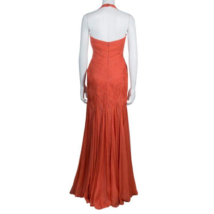Pre Owned Temperley London Orange Crinkle Chiffon Evening Gown M