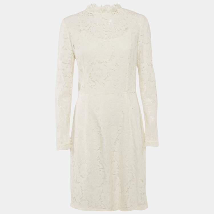 مملوكة مسبقًا Temperly London Off-White/Ivory Floral Lace Ruffled Short Dress L
