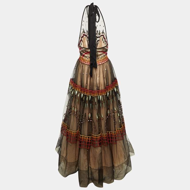 مملوكة مسبقًا Temperley London Black Maze Embroidered Tulle Halter Neck Dress XL