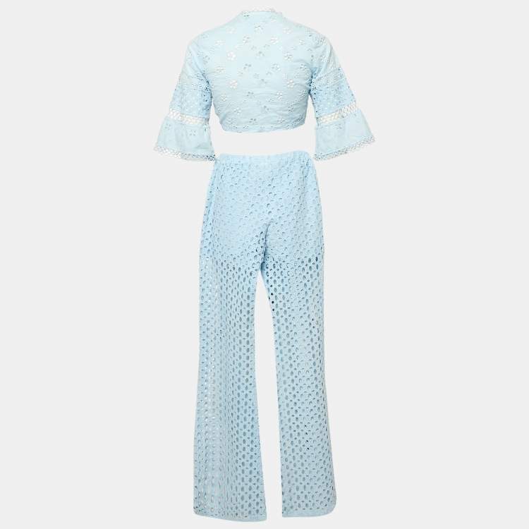 Pre Owned   Temptation Positano Blue Broderie Anglaise Wrap top and Pants Set XS