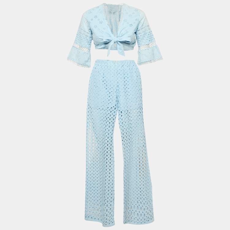Pre Owned   Temptation Positano Blue Broderie Anglaise Wrap top and Pants Set XS