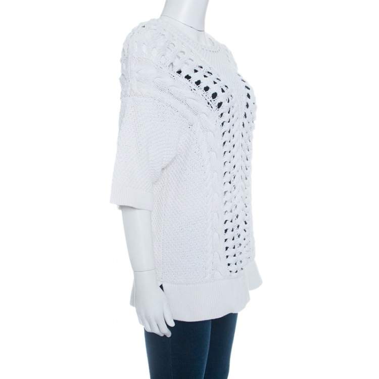 Pre Owned Thakoon Off White Chunky Perforated Knit Rib Trim Short Sleeve Top M
