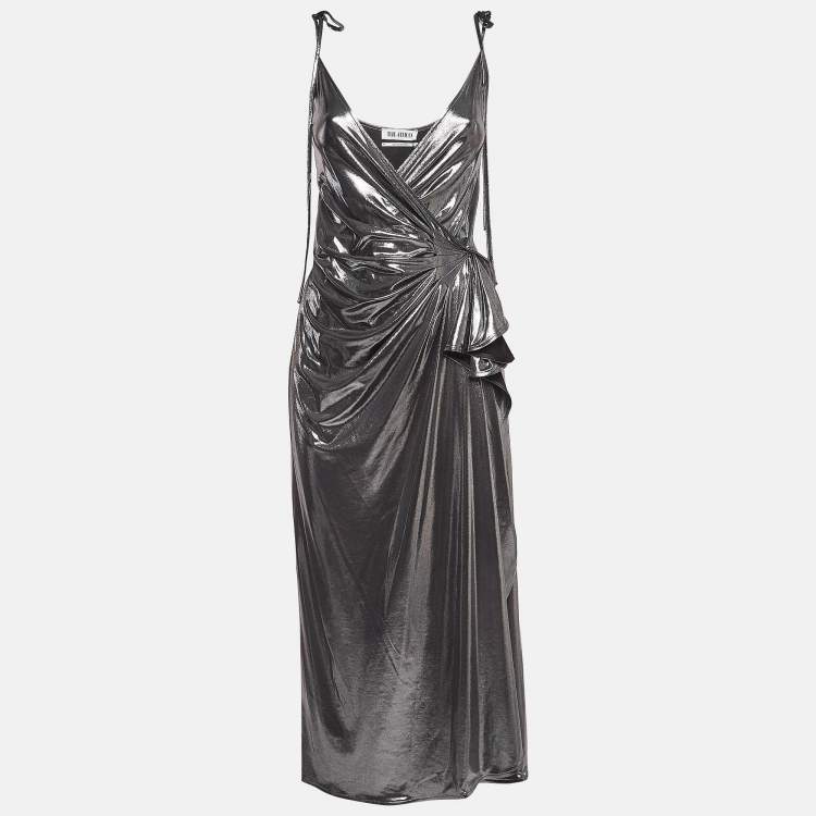 Pre Owned The Attico Metallic Silver Lamé Fan Detail Long Dress S