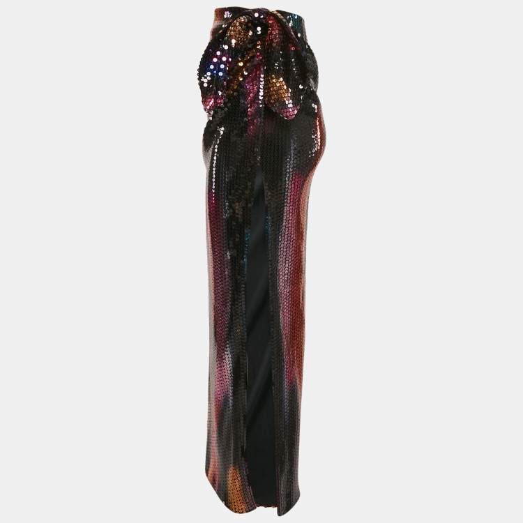 Pre Owned The Attico Multicolor Sequin Jersey Bow Detail Wrap Maxi Skirt XS
