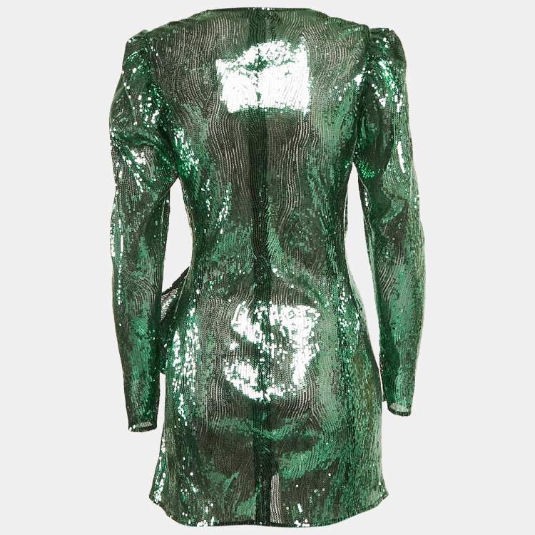 Pre Owned The Attico Green Sequin Ruffled Mini Wrap Dress M