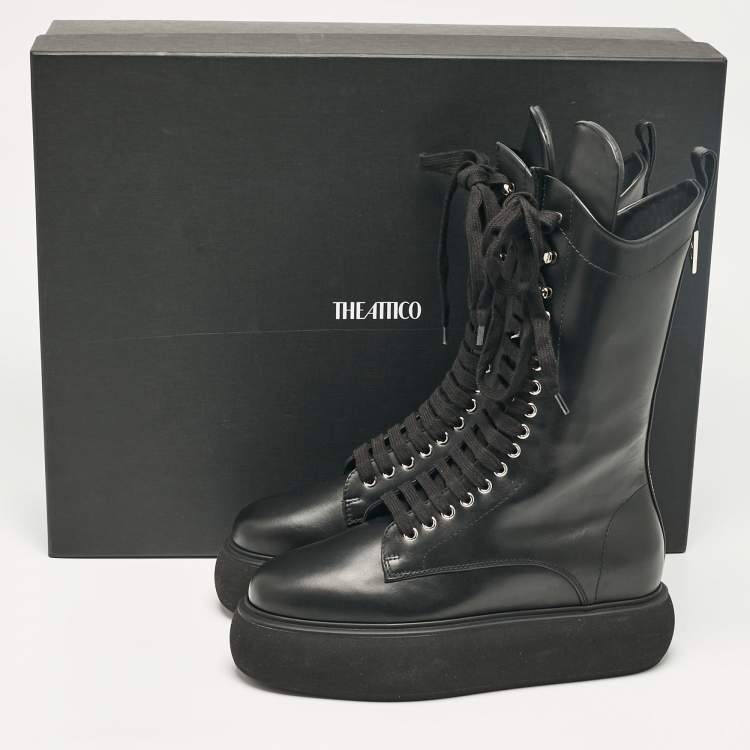 Pre Owned The Attico Black Leather Zip Up  Knee Length Boots Size 39