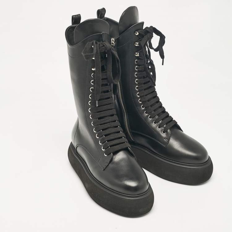 Pre Owned The Attico Black Leather Zip Up  Knee Length Boots Size 39
