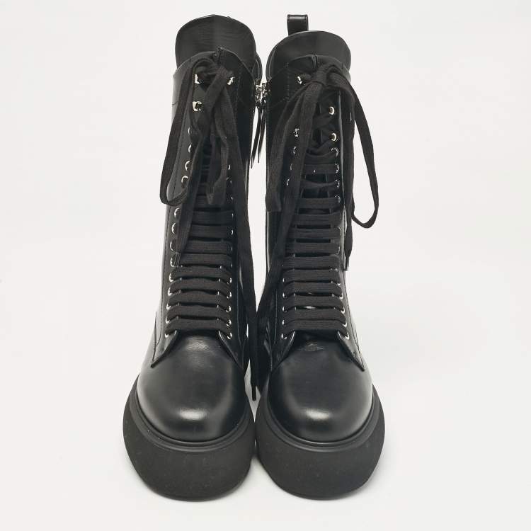 Pre Owned The Attico Black Leather Lace Up Mid Calf Boots Size Size 37