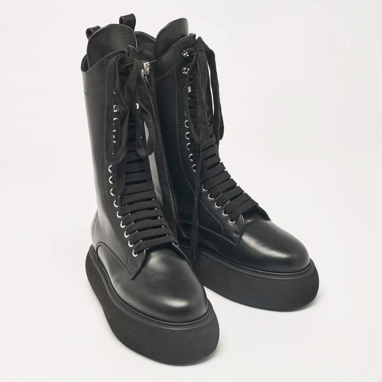 Pre Owned The Attico Black Leather Lace Up Mid Calf Boots Size Size 37