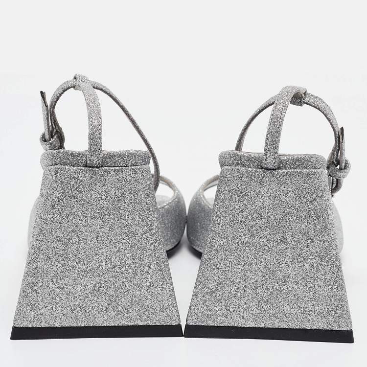 Pre Owned The Attico Silver Glitter Piper Ankle Strap Sandals Size 36