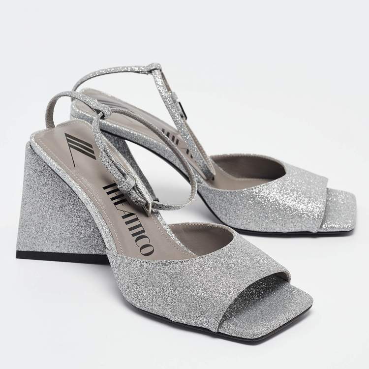 Pre Owned The Attico Silver Glitter Piper Ankle Strap Sandals Size 36