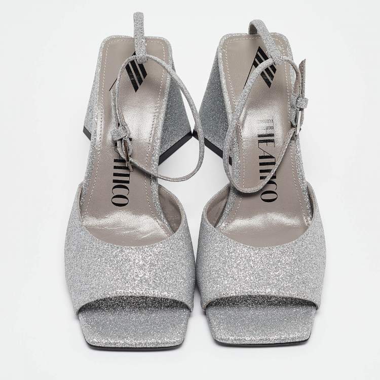Pre Owned The Attico Silver Glitter Piper Ankle Strap Sandals Size 36