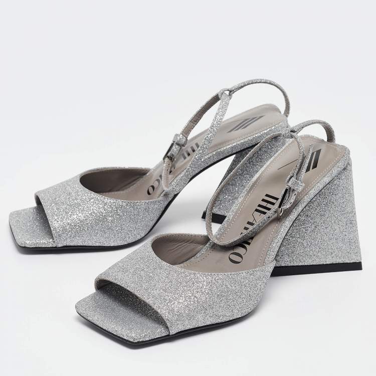 Pre Owned The Attico Silver Glitter Piper Ankle Strap Sandals Size 36