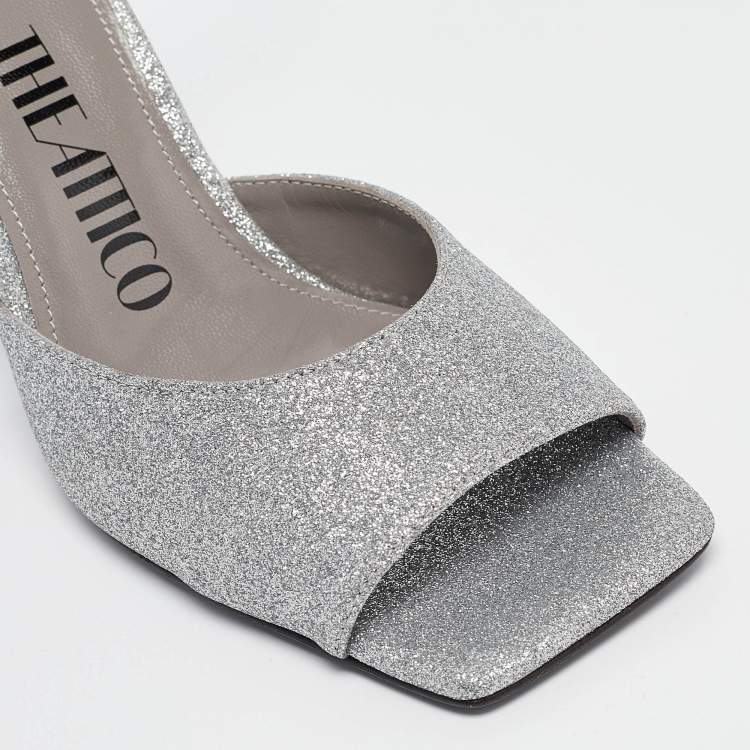 Pre Owned The Attico Silver Glitter Piper Ankle Strap Sandals Size 36
