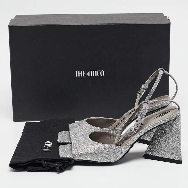 Pre Owned The Attico Silver Glitter Piper Ankle Strap Sandals Size 36