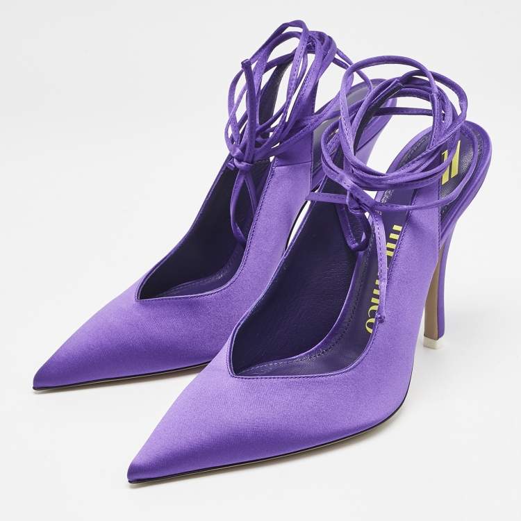 Pre Owned The Attico Violet Satin Venus Ankle Wrap Pumps Size 38