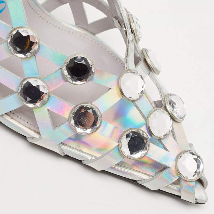 Pre Owned The Attico Silver Iridescent Leather Grid Slingback Pumps Size 37