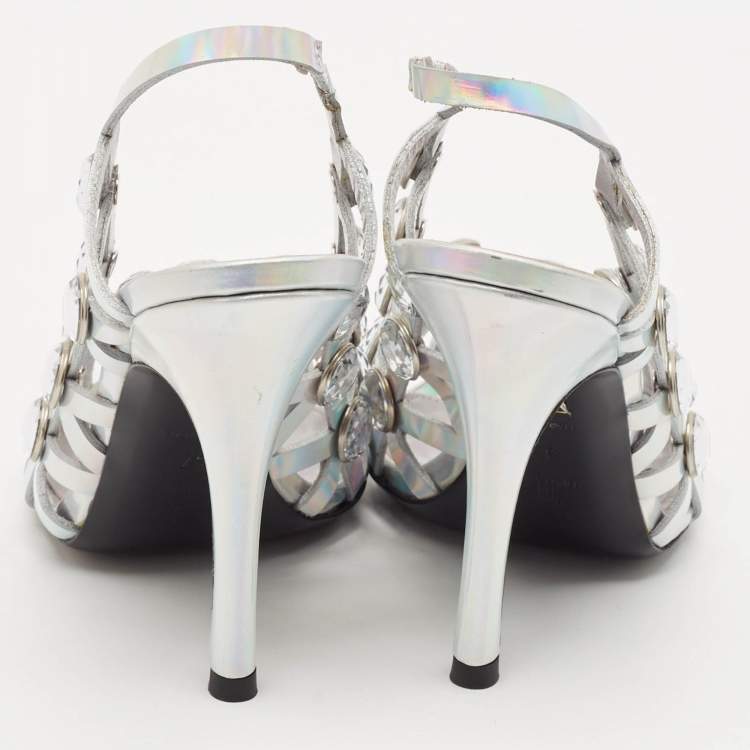 Pre Owned The Attico Silver Iridescent Leather Grid Slingback Pumps Size 37