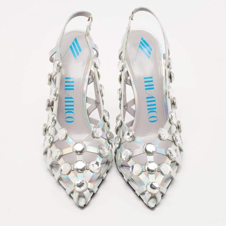Pre Owned The Attico Silver Iridescent Leather Grid Slingback Pumps Size 37