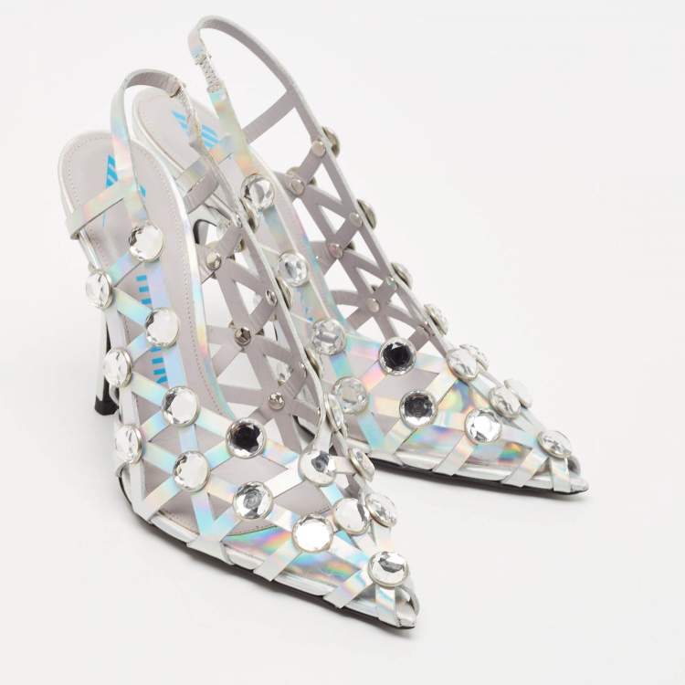 Pre Owned The Attico Silver Iridescent Leather Grid Slingback Pumps Size 37