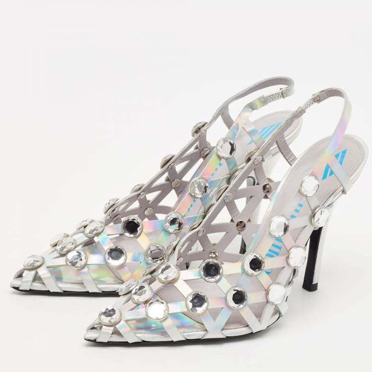 Pre Owned The Attico Silver Iridescent Leather Grid Slingback Pumps Size 37