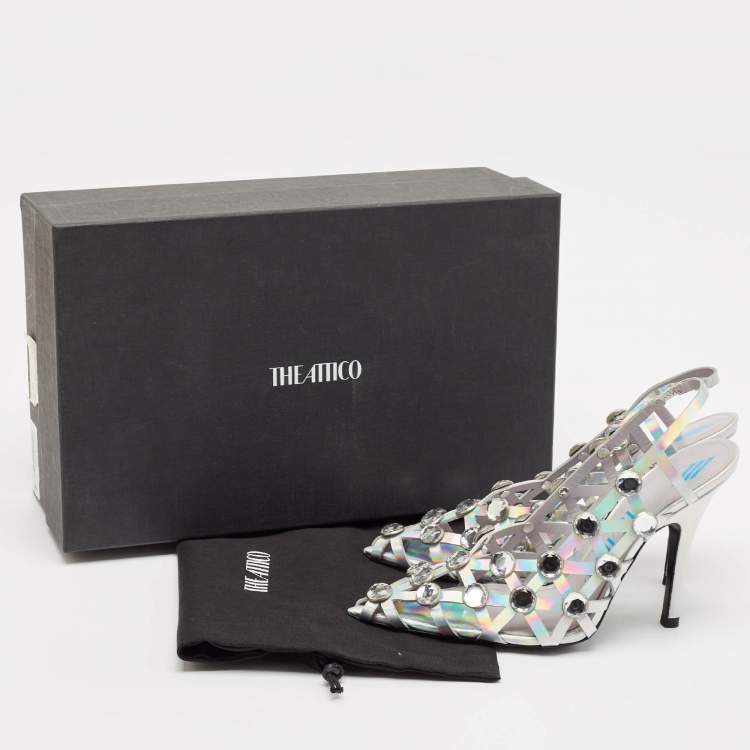 Pre Owned The Attico Silver Iridescent Leather Grid Slingback Pumps Size 37