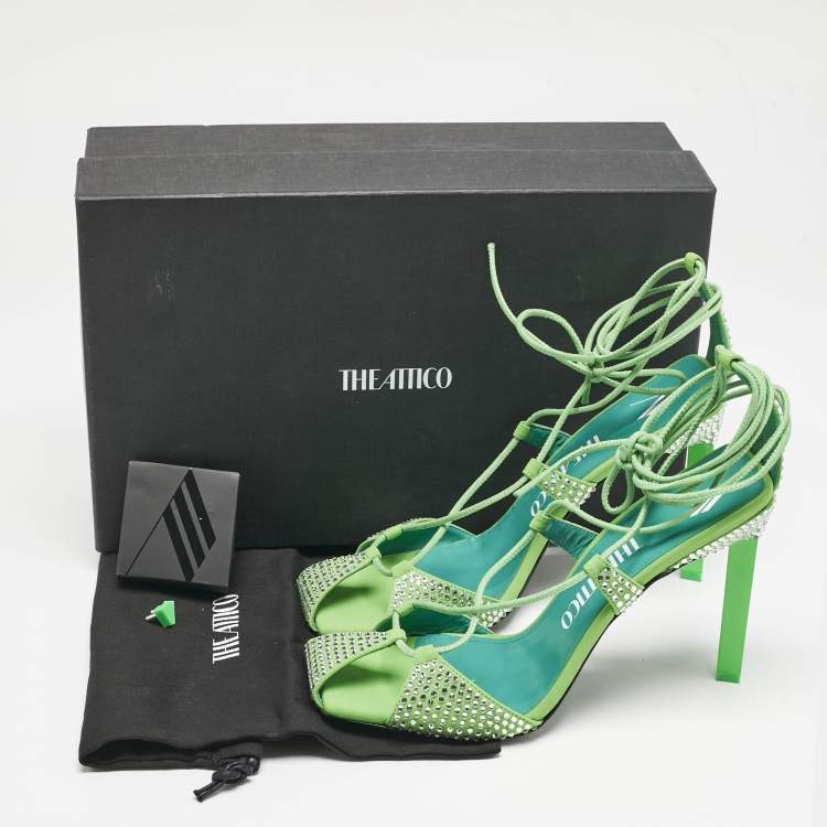 Pre Owned The Attico Neon Green Fabric and Suede Crystal Embellished Adele Sandals Size 40