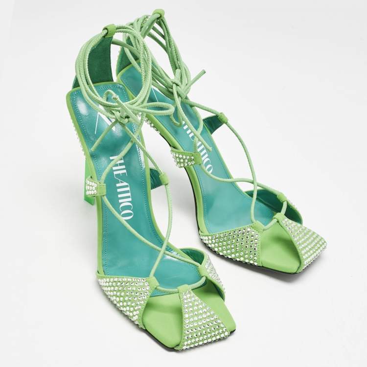 Pre Owned The Attico Neon Green Fabric and Suede Crystal Embellished Adele Sandals Size 40
