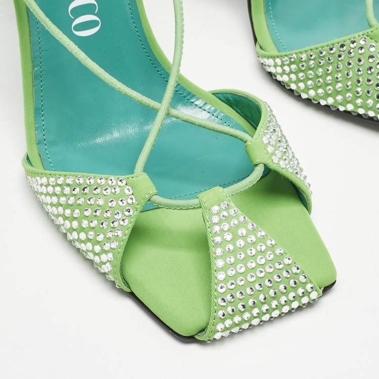 Pre Owned The Attico Neon Green Fabric and Suede Crystal Embellished Adele Sandals Size 40