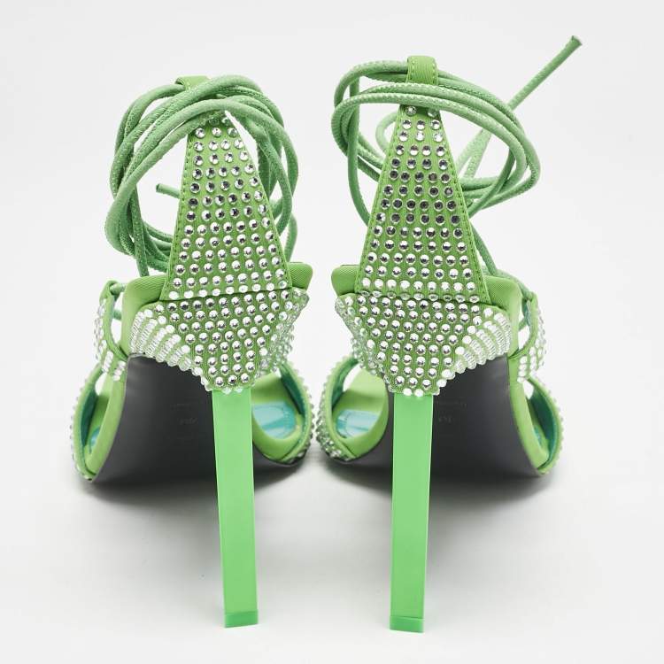 Pre Owned The Attico Neon Green Fabric and Suede Crystal Embellished Adele Sandals Size 40