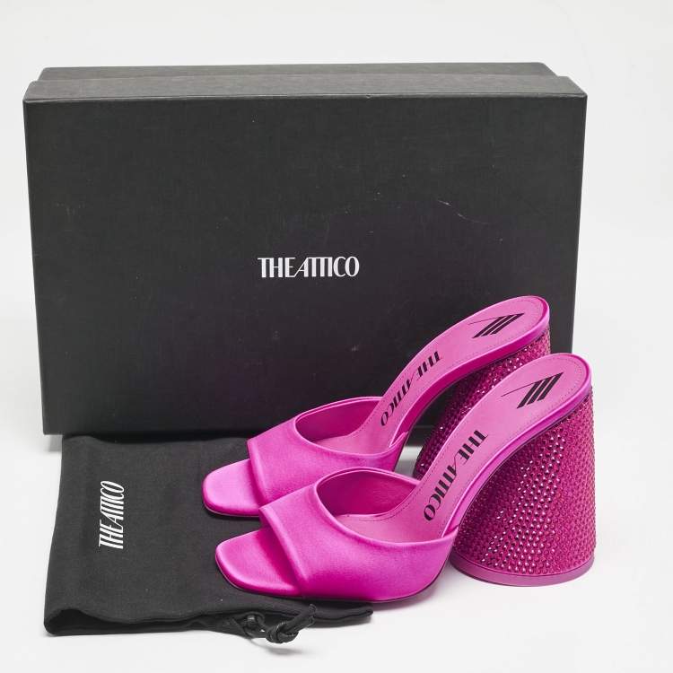 Pre Owned The Attico Fuchsia Satin Crystal Embellished Luz Mules Size 37