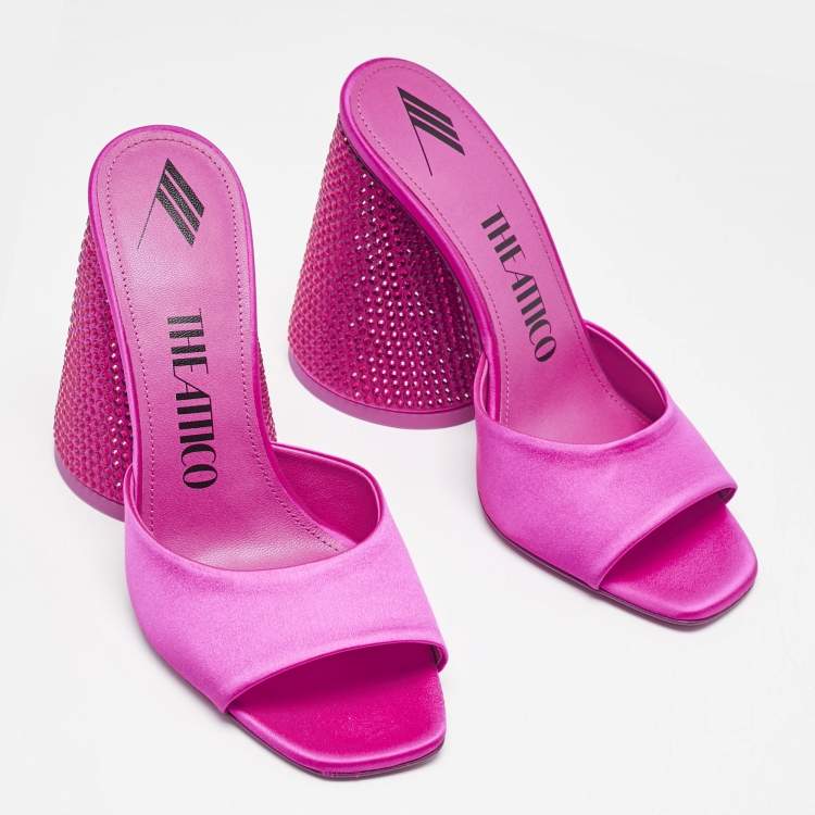 Pre Owned The Attico Fuchsia Satin Crystal Embellished Luz Mules Size 37