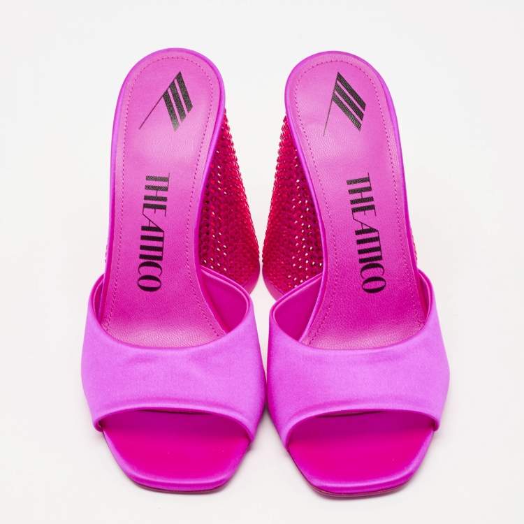 Pre Owned The Attico Fuchsia Satin Crystal Embellished Luz Mules Size 37
