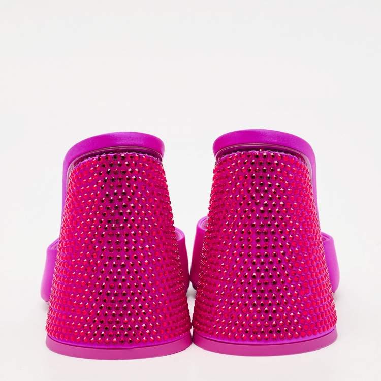 Pre Owned The Attico Fuchsia Satin Crystal Embellished Luz Mules Size 37